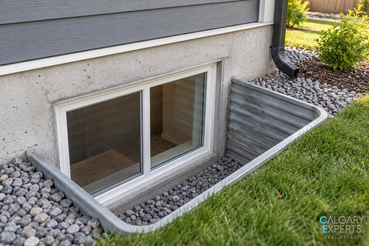 Egress windows with compliant wells are a required safety feature for legal secondary suites in Calgary basements.