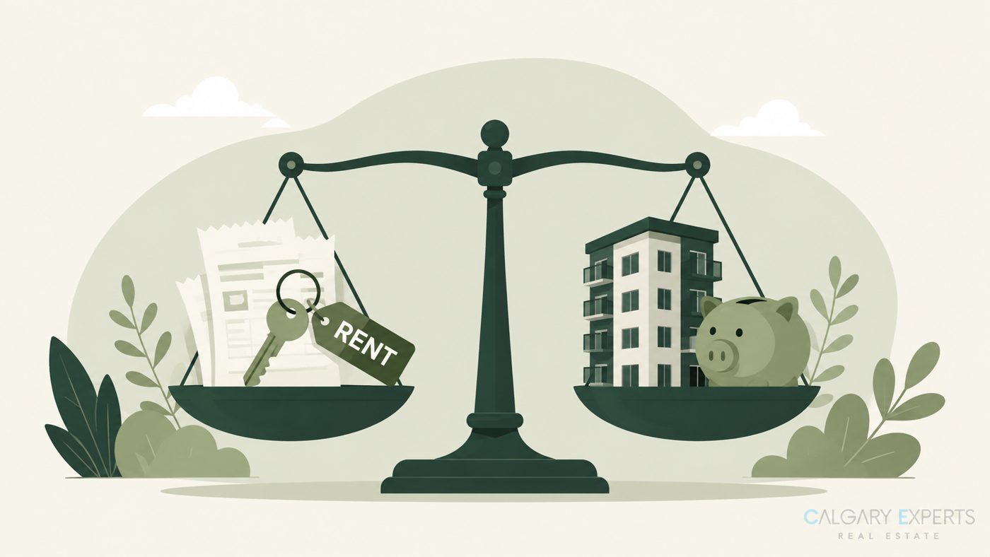 Rent versus buy comparison scale illustration in green tones